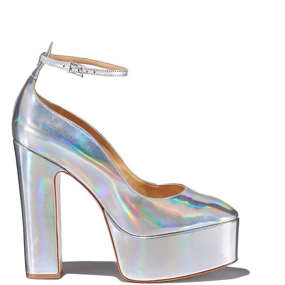 SCHUTZ Iridescent Silver Platform Ankle-Strap Pumps